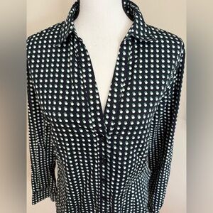 Brooks Brothers Fitted Blue Green Polka Dot V Neck Button Up Blouse